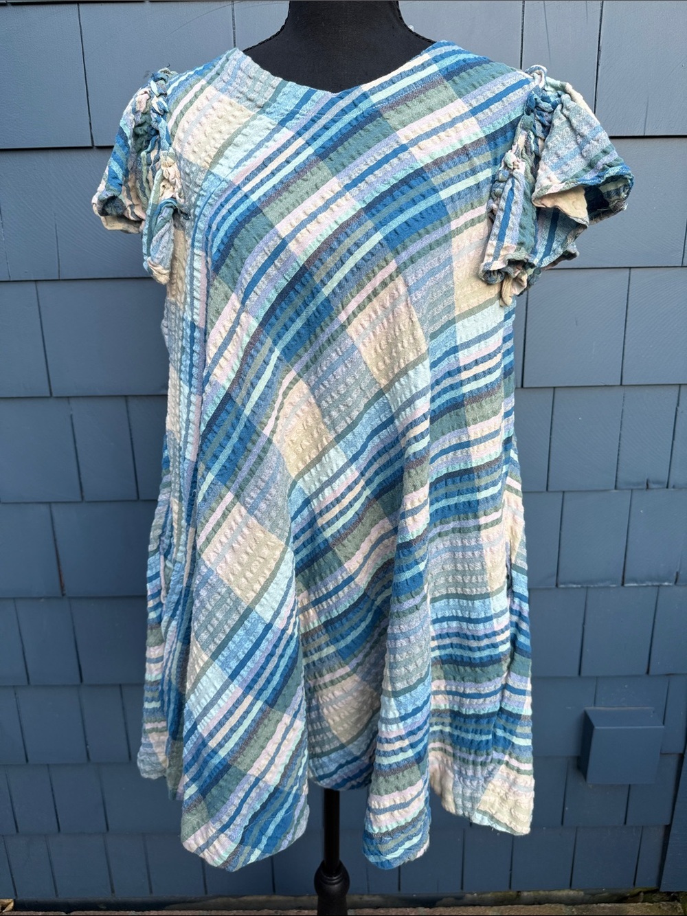 Free People Blue, Light Blue & Cream Plaid Mini Dress Seer Sucker large
